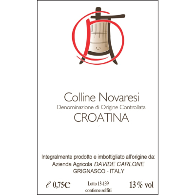 Davide Carlone Colline Novaresi Croatina 2017 (12x75cl)