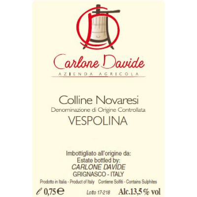 Davide Carlone Colline Novaresi Vespolina 2018 (12x75cl)