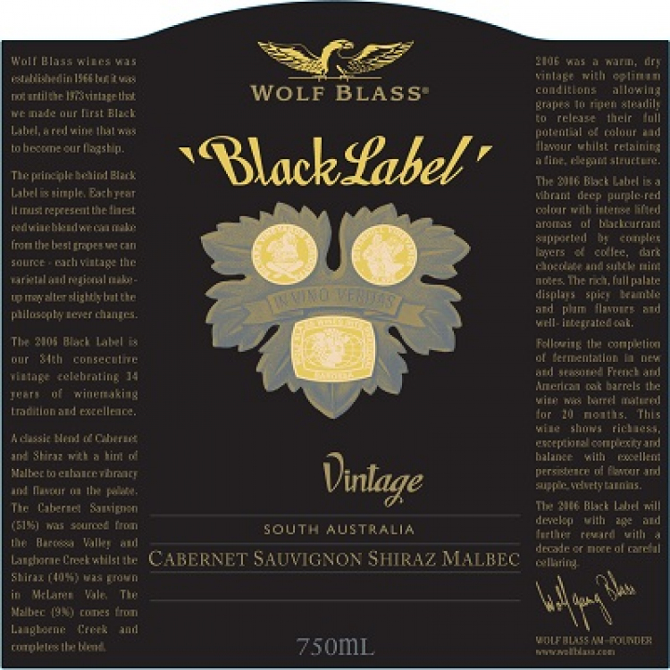 Wolf Blass Black Label Cabernet Sauvignon Shiraz Malbec 2005 (6x75cl)