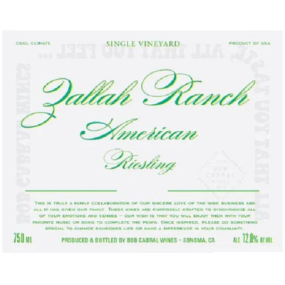 Bob Cabral Wines, Zallah Ranch Riesling 2016 (12x75cl)