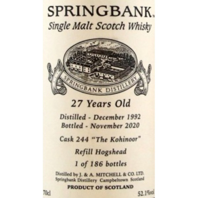 Springbank (J&A Mitchell) Campbeltown Single Malt The Kohinoor Refill Hogshead Cask No 244 Bottled 2020 1992 (1x70cl)