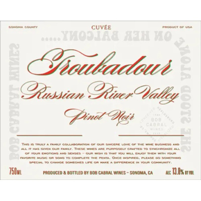 Bob Cabral Wines, Troubadour Pinot Noir, Russian River Valley 2016 (12x75cl)