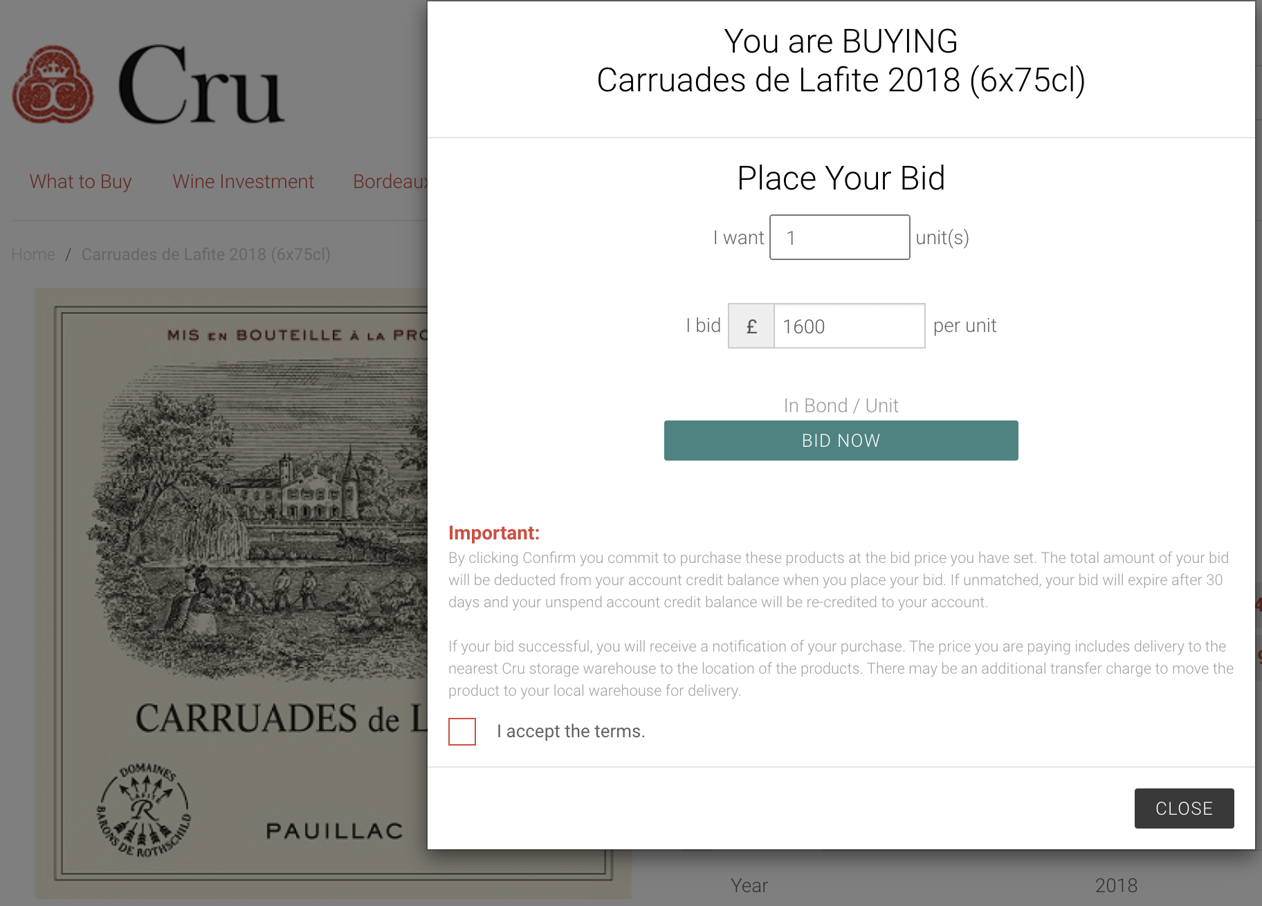 Bid for wine Cru online screen
