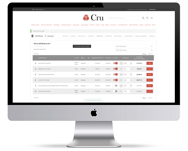 sell wine and spirits with Cru, online account screen