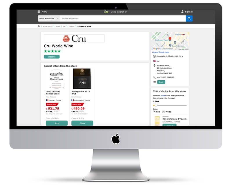 wine-searcher.com computer screen for Cru Wine Searcher page